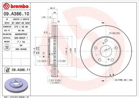 Диск гальмівний LEXUS, TOYOTA передн., вент. (вир-во) BREMBO 09.A386.11