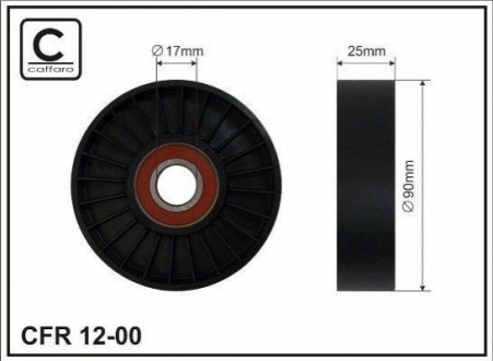 Ролик пластиковый гладкий натяжителя поликлинового ручейкового ремня 17x90x25 Peugeot Partner 1.8/ C CAFFARO 12-00