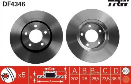 Диск тормозной передний вентилируемый CHRYSLER, DODGE, JEEP TRW DF4346