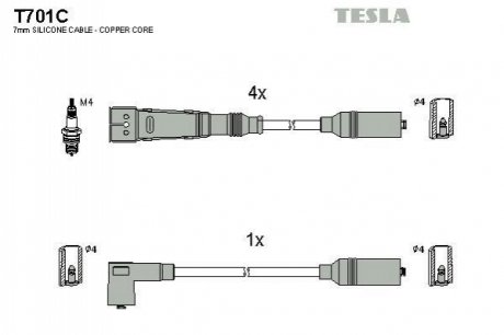 Провода высоковольтные, к-кт 5 шт, VW Golf II, III, Jetta II, Vento, Passat B3 1.6, 1.8, 2.0 83-97. TESLA T701C (фото 1)