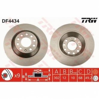 Диск тормозной AUDI A6 2.0-4.2 04- задний D=302мм. TRW DF4434 (фото 1)