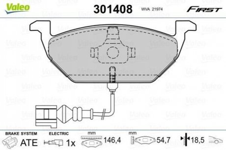 Гальмівні колодки дискові VAG A2/A3/Fabia/Octavia/Bora/Caddy/Golf/Jetta/Polo 1,0-2,5 F 96>> Valeo 301408