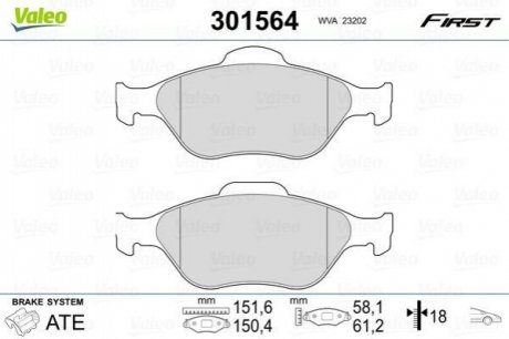 Гальмівні колодки дискові FORD/MAZDA Fiesta/Fusion/Ka/Puma/Street/121/2 1,25-1,8 F 95-12 Valeo 301564 (фото 1)