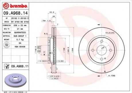 Гальмвний диск BREMBO 09.A968.11 (фото 1)