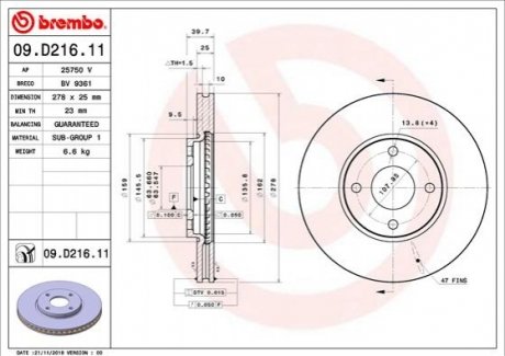 Тормозной диск BREMBO 09D21611 (фото 1)