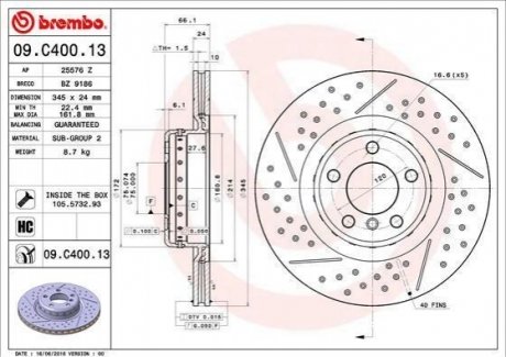 Тормозной диск BREMBO 09C40013 (фото 1)