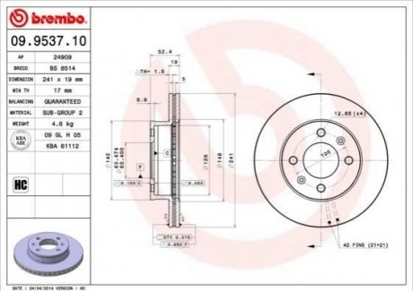 Гальмівний диск BREMBO 09.9537.10 (фото 1)