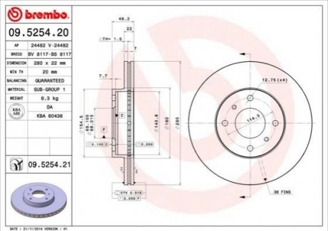 Диск гальмівний BREMBO 09.5254.21 (фото 1)