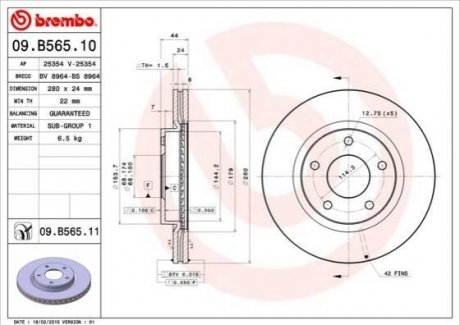 Диск торм пер f15 BREMBO 09.B565.10 (фото 1)